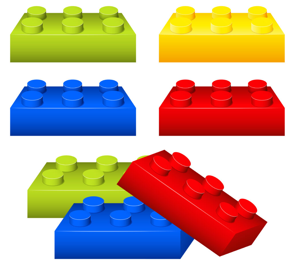 Toy brick pieces in many colors illustration